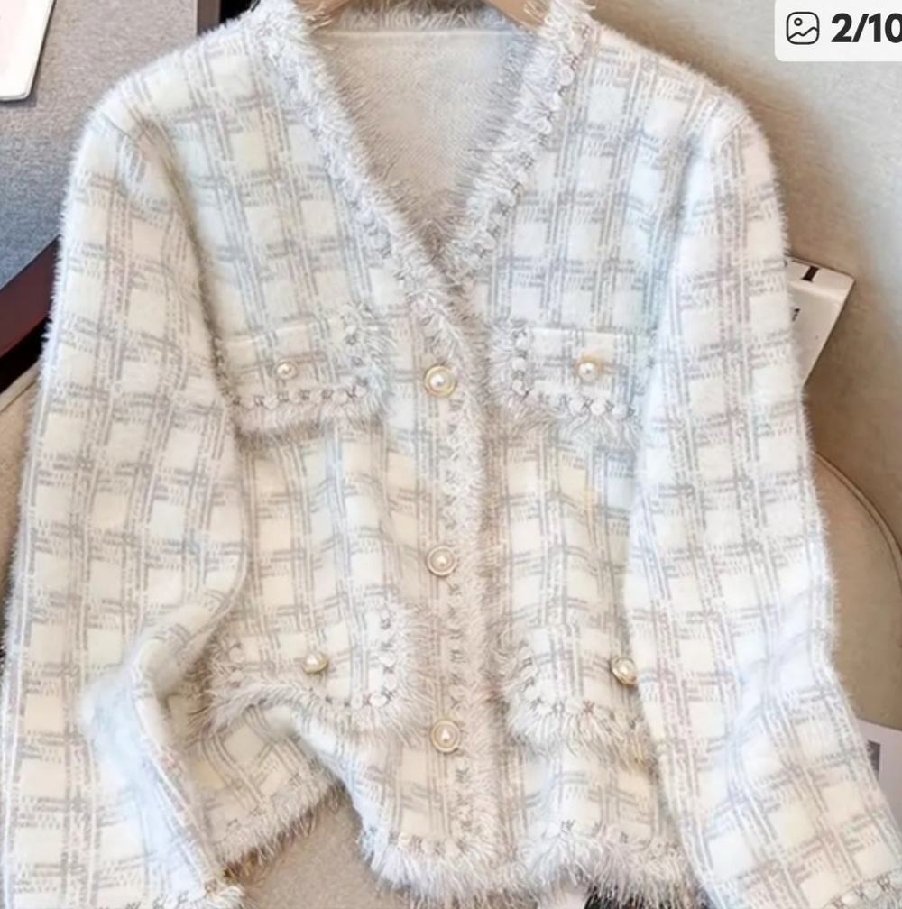 Chic White Plaid Cardigan with Pearl Buttons